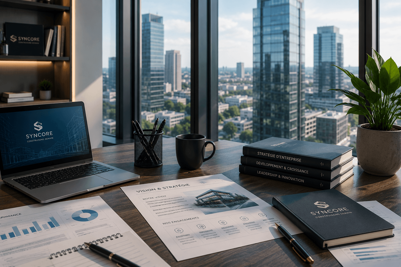 Bureau stratégique SYNCORE avec documents de vision et environnement professionnel