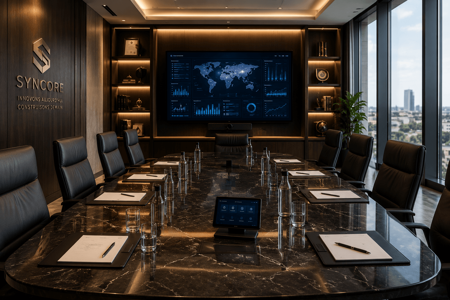 Salle de gouvernance professionnelle avec tableau de pilotage et réunion de direction