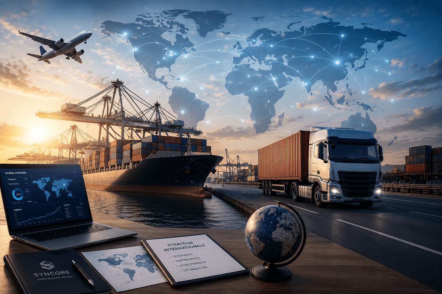 Développement international avec flux commerciaux, transport et connexions mondiales