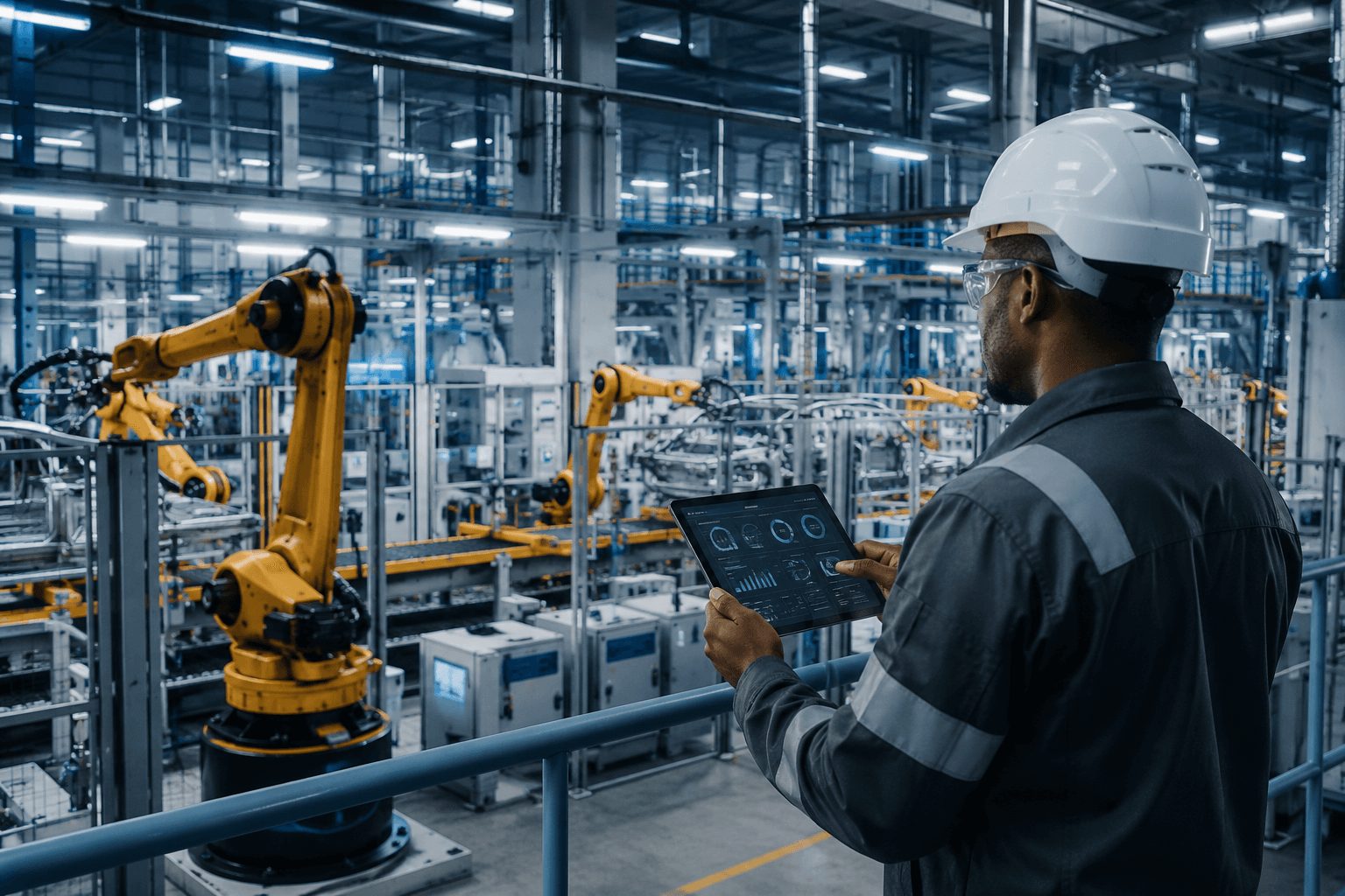 Usine moderne automatisée avec ingénieur industriel, tablette de supervision et bras robotisés.